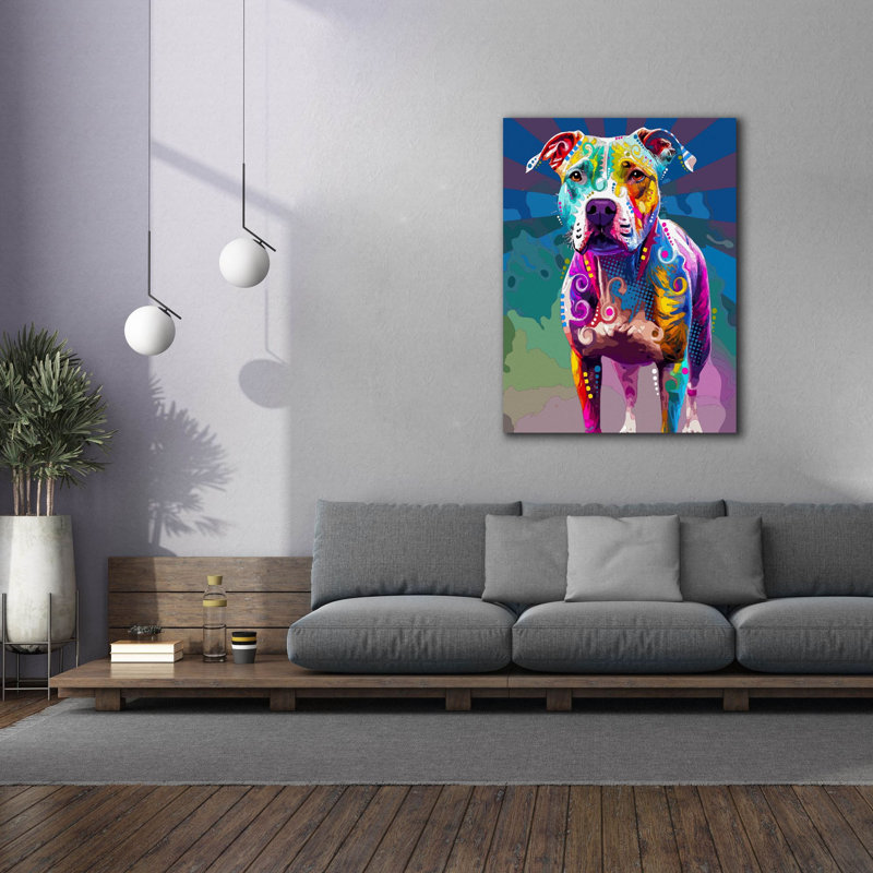 «The Carefree Staffie» par Dean Russo, art mural sur toile, H 54 po x l 40 po x P 1,5 po