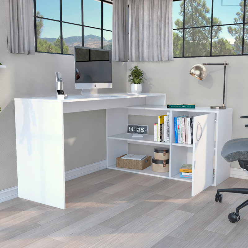 Axis Modern L-Shaped Computer Desk With Open And Closed Storage, For Home Offices And Small Spaces, White