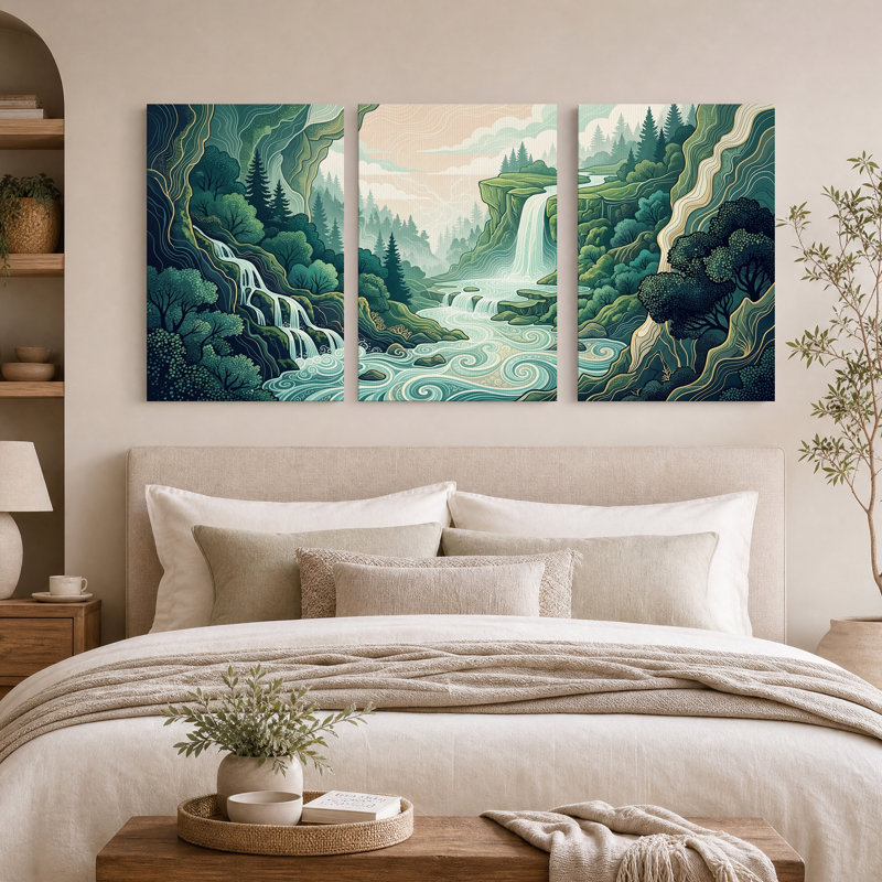 Ensemble de 3 toiles murales représentant un paysage stylisé de forêt verte et de cascade, 36"H x 24"W x 3pcs