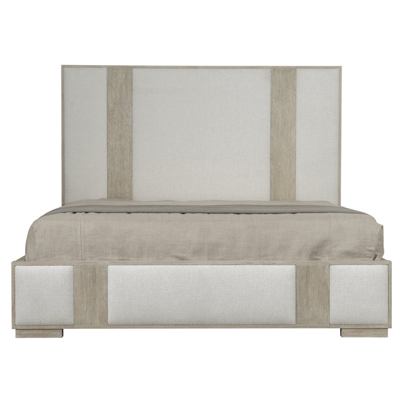 Transitional Dune and Ivory Queen Upholstered Bed with Geometric Headboard