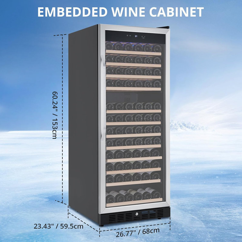 Grand réfrigérateur à vin encastré ou autoportant de 27 pouces, capacité de 155 bouteilles, porte en verre trempé double couche, verrou de sécurité, zone unique