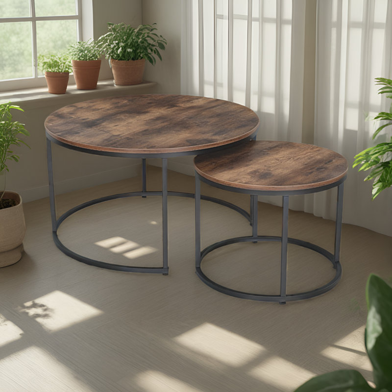 Oryan Frame Nesting Tables Set - 2-Tier Storage End Tables, Space Saving, Rustic Brown, Black