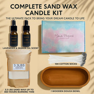 Pearled Candle Sand Gift Set with Wicks,3.3 lbs Sand Wax Candle Kit:Wooden Dough Bowl,100 Wicks,Scented Oil,Up to 360 Hours Burn Time,Non-Toxic,Reusable Candle Making Kit,White
