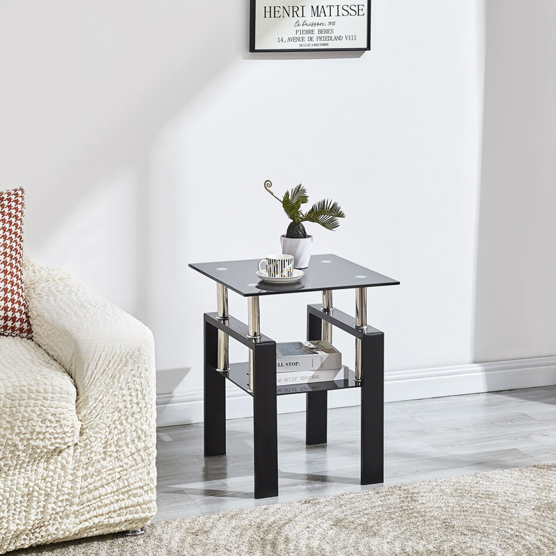 Table de bout en verre Ignasio avec rangement, Noir, H 20,5 po x l 17,7 po x P 17,7 po, Noir