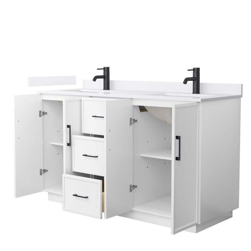 Elan TK 60" Freestanding Double Bathroom Vanity with Cultured Marble Top, White, White Cultured Marble, Matte Black