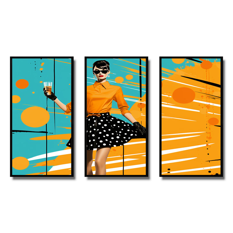 «Orange Midcentry Woman Insta Pose», art mural ballet, Cadre flottant noir, H 32 po x l 48 po