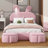 Full Size Platform Bed With Fabric Upholstery, Comes With 2 Ottoman Storage Units, Adorable Cartoon Ear-Shaped Headboard Equipped With Built-In Leds