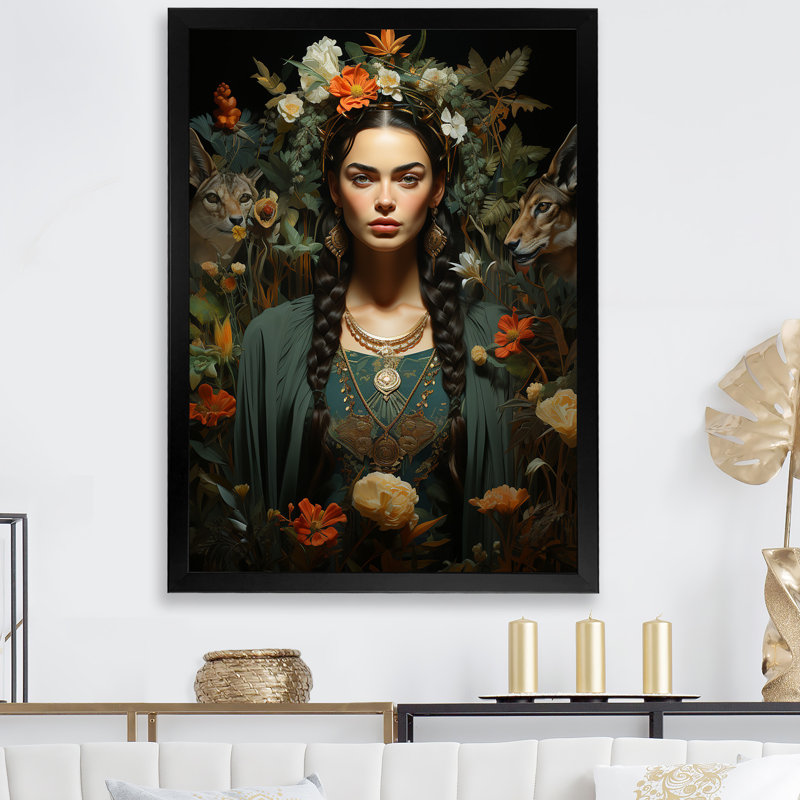 Portrait de muse verte mexicaine I, Cadre simple noir, H 20 po x l 12 po x P 1 po
