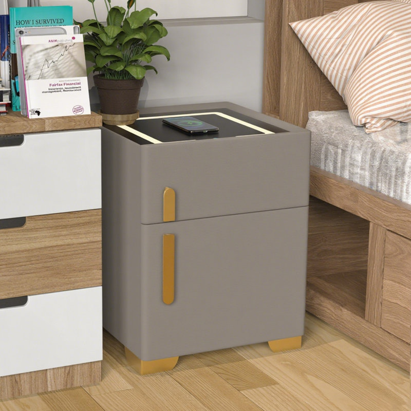 Kendrianna Nightstand with Safe Box and LED Lights and Wireless Charge, Light Brown