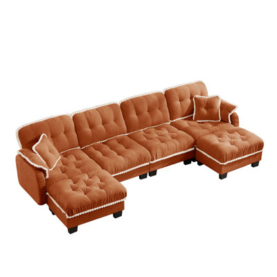 100.7" Upholstered Tufted Modular Sectional Sofa with 2 Ottomans, Pom-Pom Trim and 2 Throw Pillows