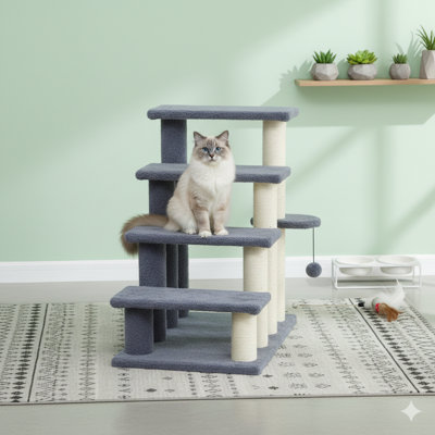 Multi-Level Gray Pet Stairs, 4 Steps, Carpeted Surface, Features Scratching Posts, Dangling Ball Toy, and Side Platform, Helps Cats and Dogs Access Elevated Furniture