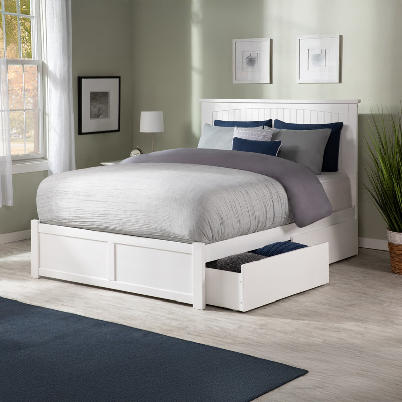 Kindig Solid Wood Platform Bed with Panel Footboard and Storage Drawers, White, Queen