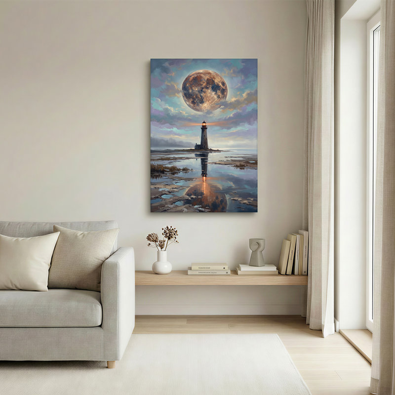 Phare sous une lune géante sur fond d'eau réfléchissante - Tableau mural sur toile, 36"H x 24"W