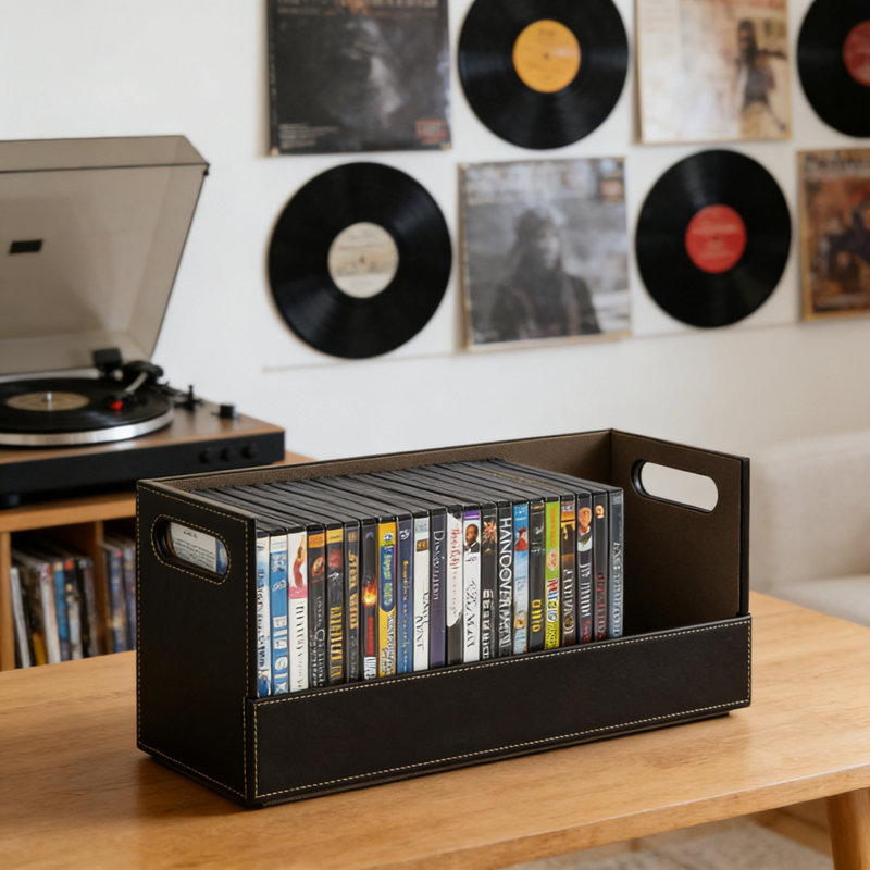 Multi-Media Storage Box For Dvds, Blu-Rays, Games & Cds - Holds 28, Leather-Like, Brown