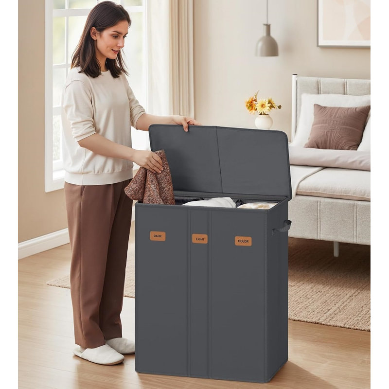 3-Compartment Laundry Basket, Grey
