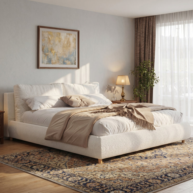 Boucle Fabric Upholstered Platform Bed with Two Removable Pillow Headboard, King, White