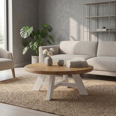 Amber Solid Oak Wood Round Coffee Table - Handcrafted Farmhouse Coffee Table with White Solid Wood Base