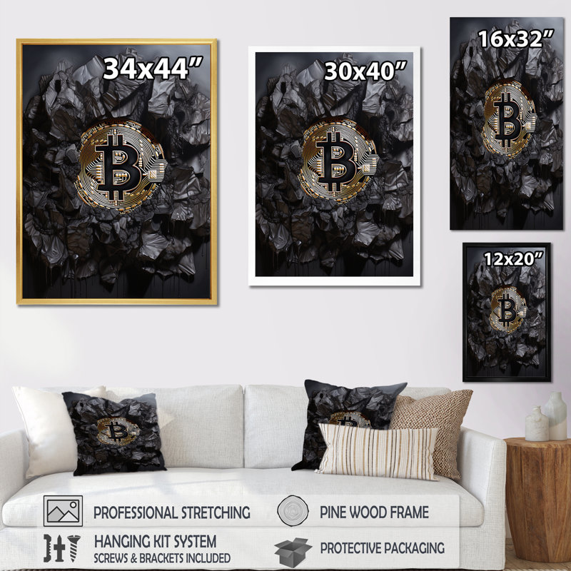 «Black Bitcoin II» sur toile, Cadre simple noir, H 40 po x l 30 po x P 1,5 po