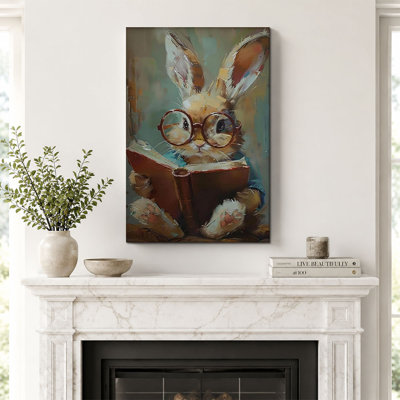 Cute Bunny Rabbit Wearing Glasses Reading Book Canvas Painting