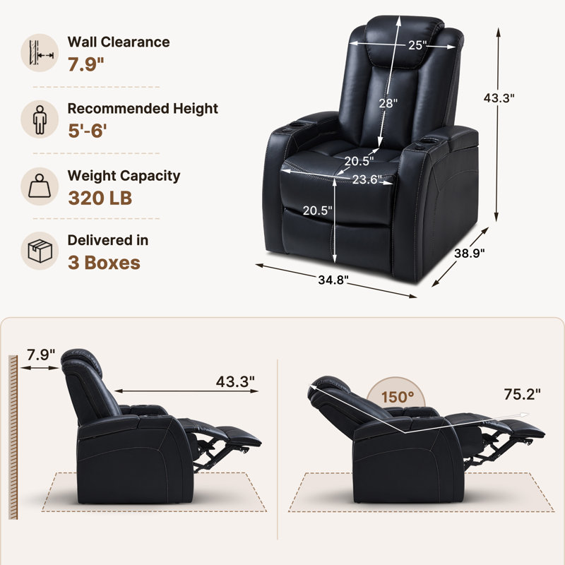 Fauteuil inclinable électrique avec appui-tête réglable, sièges de cinéma maison avec plateau pivotant et éclairage DEL, Noir