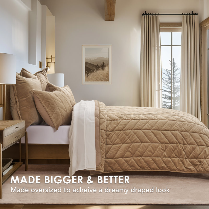 Ultra Soft Velvet Quilt Set, Khaki Tan, King Quilt + 2 King Shams