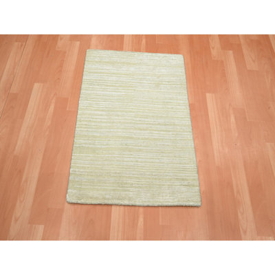 2'x3' Linen White, Plain Line Design, Silk with Oxidized Wool, Hand Knotted, Textured Pile, Sample, Mat, Oriental Rug