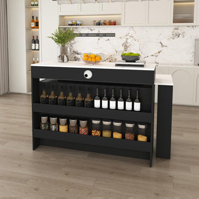 Îlot de cuisine avec table extensible et rotative, panneau de fibres à densité moyenne avec placage de marbre au design rétro, 4 tiroirs et armoires à portes en verre avec prise intégrée, poste de salle à manger extensible pour 2 à 4 personnes