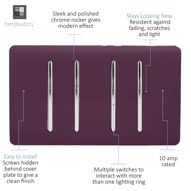 Trendi Switch 4 Gang Light Switch (1x 1 or 2 Way & 3 x Intermediate), Plum