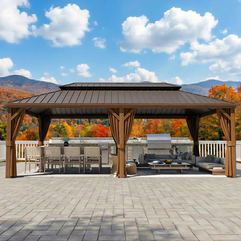22 Ft. W x 12 Ft. D Aluminum Hardtop Gazebo with Double Roof, Curtains & Mosquito Netting, 22 Ft. W x 12 Ft. D