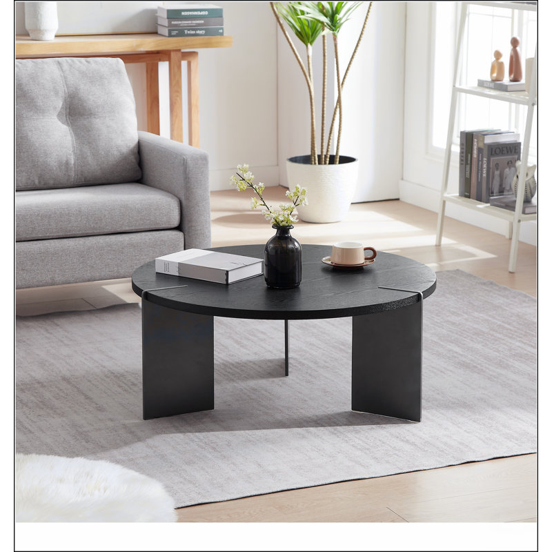 Table basse ronde en bois de chêne noir et pieds en métal noir, Noir, H 14,96 po x L 35,43 po x l 25,43 po