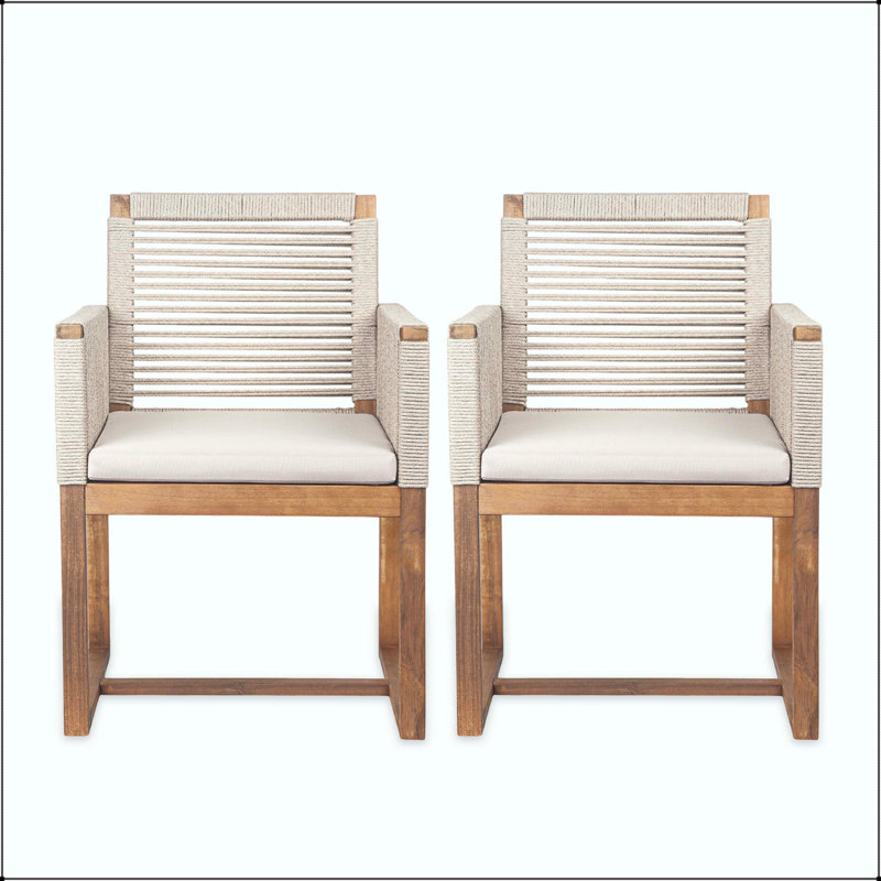 Chaise de salle à manger en bois d'acacia et corde avec coussin lavable (ensemble de 2), Light Brown