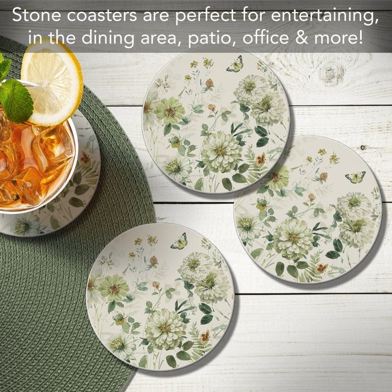 Green Fields 4 Pack Round Single Image Absorbent Stone Coasters 4” Diameter