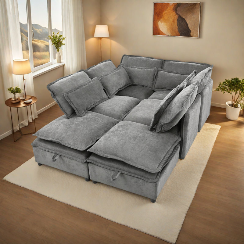 Grand canapé modulaire double en forme de U à double couche, libérable 6 places combinables avec fonction de rangement, convertible en canapé-lit, parfait pour les salons, les bureaux et les appartements