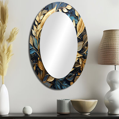 Miroir mural ovale noir et doré à motif de feuilles dorées II