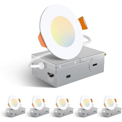 6 Pack 3 Inch 5CCT Ultra‑Thin Canless Wafer LED Downlight with Junction Box, 2700K‑5000K Selectable CCT, 6W 360LM, 5%-100% Dimmable, CRI80 Recessed Ceiling Light