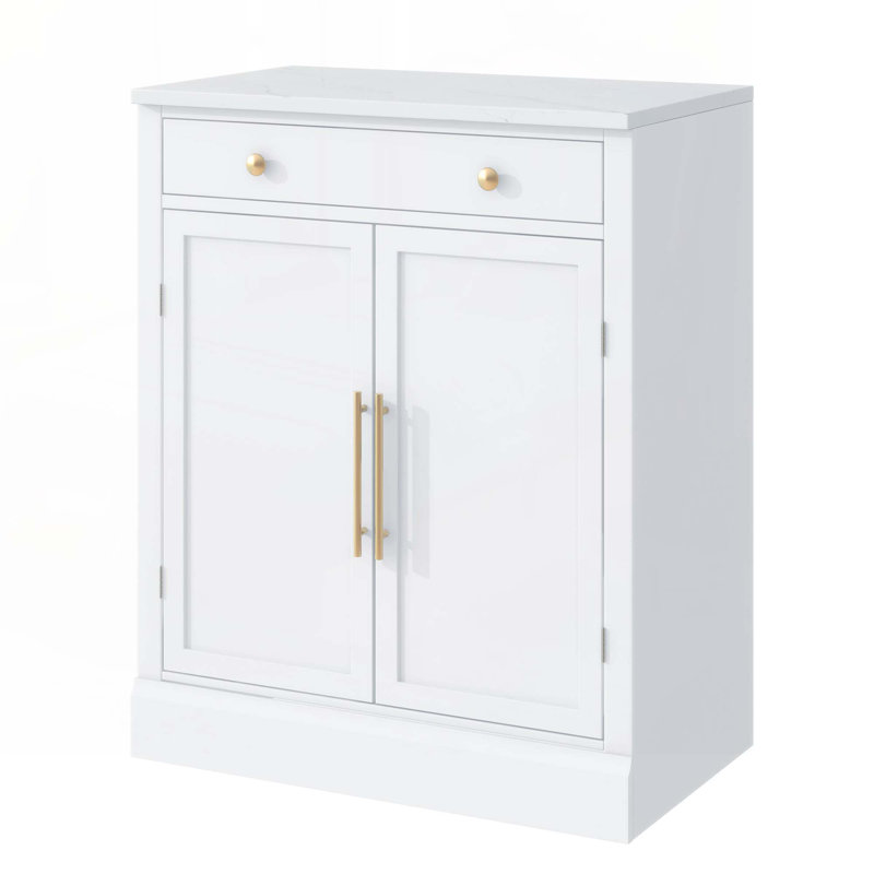 Armoire à café avec tiroir, 2 tablettes réglables et 2 tablettes de porte pour la salle à manger et la cuisine, Blanc, Doré