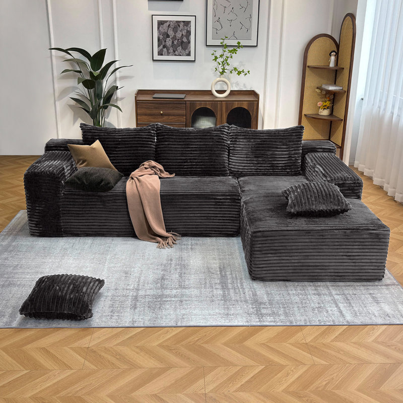 Canapé modulaire en mousse à mémoire de forme en velours côtelé de 104 po avec méridienne et siège profond, 104 po, sans assemblage requis (gris, méridienne orientée vers la droite)