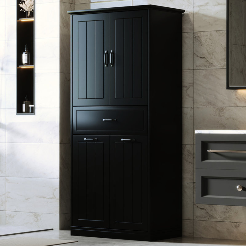 Armoire de rangement noire pour salle de bain - 2 lavabos et construction robuste avec tiroir à surface lisse, Noir