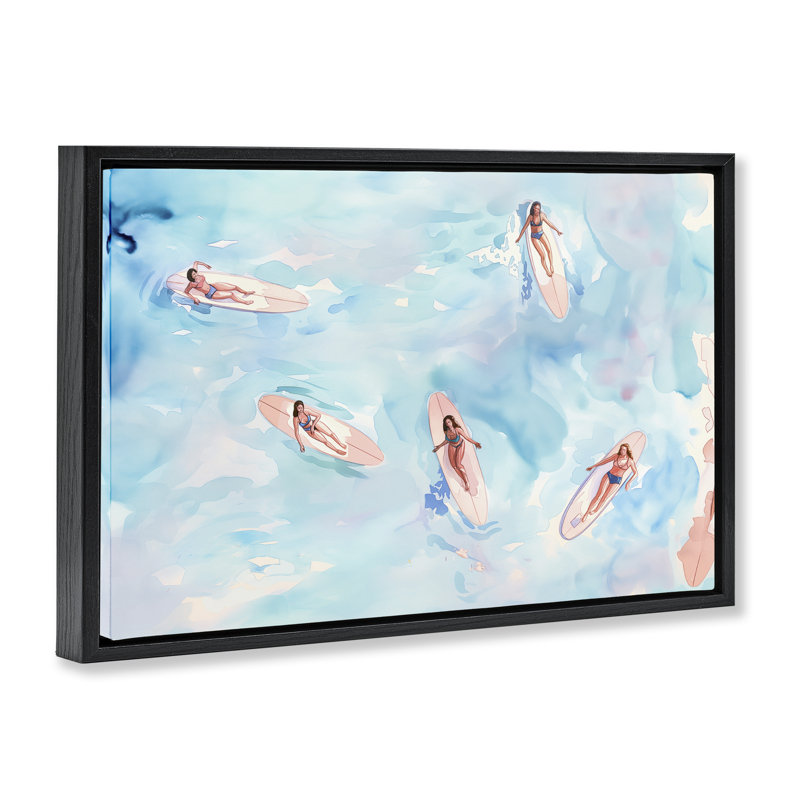  «Surfer Girls on Sea» par Arlington Prints, Cadre flottant noir de jais, H 17 po x l 25 po
