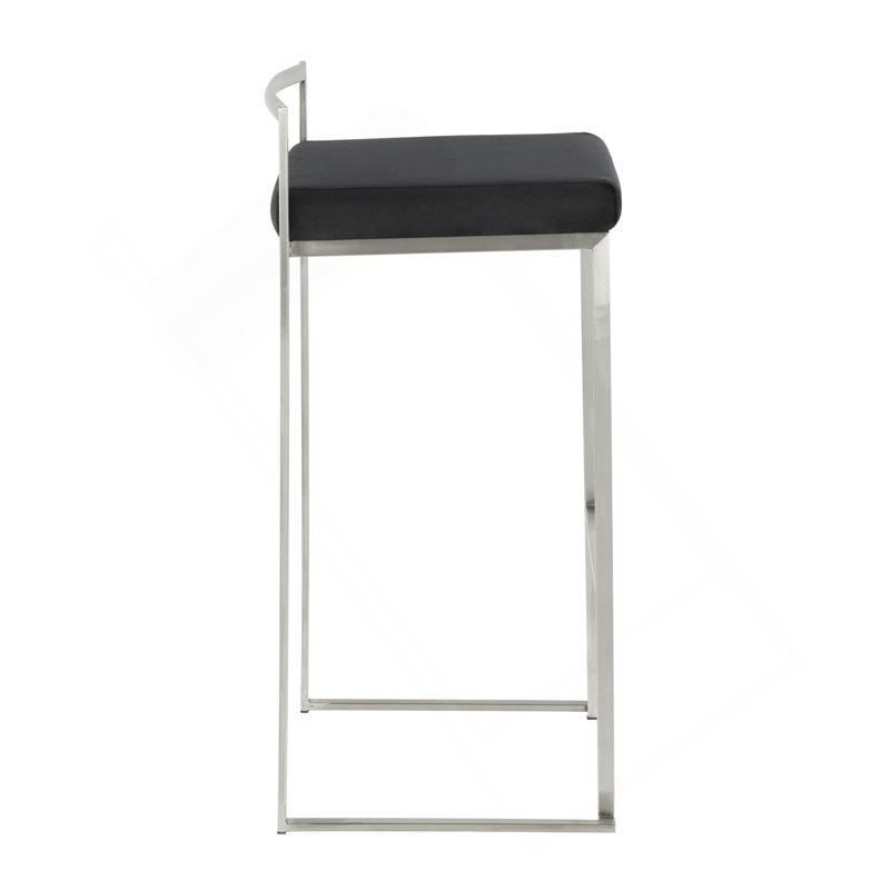 Tabouret de bar contemporain empilable en acier inoxydable avec coussin en velours noir par Lumisource - ensemble de 2, Noir