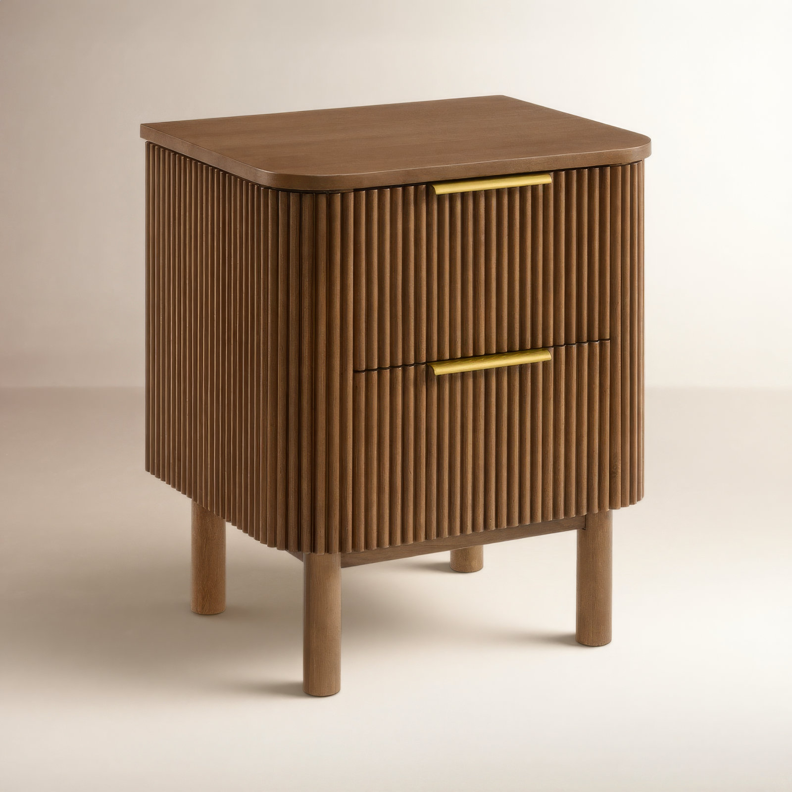 2-Drawer Reeded Eucalyptus Nightstand, Brown Reeded Birch
