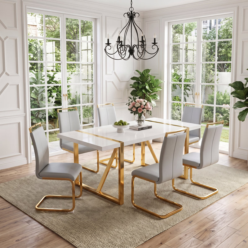 7-Piece Modern Glam Rectangular High-Gloss Dining Set with Faux Leather Cantilever Chairs, 7 Pieces: Table, 6 Chairs