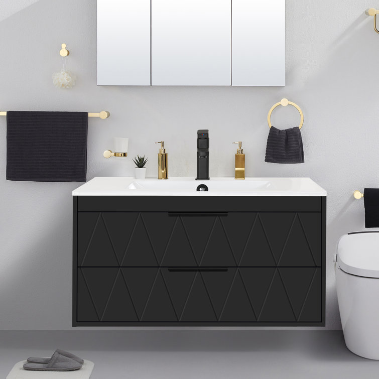 Bathilde 36'' Wall Mounted Single Bathroom Vanity with Ceramic Top, Water Saving Faucet