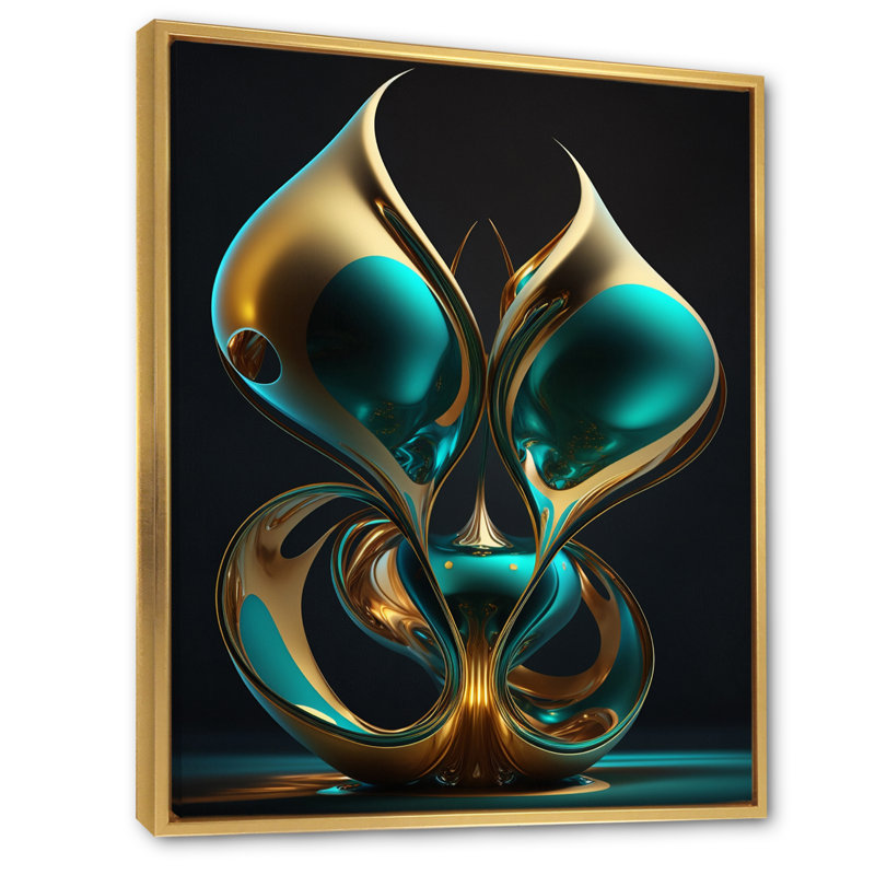 Rhyth of Infinity 3D Turquoise Gold Sphere I - Abstract Fractal, art mural, H 32 po x l 16 po x P 1 po, Cadre flottant doré
