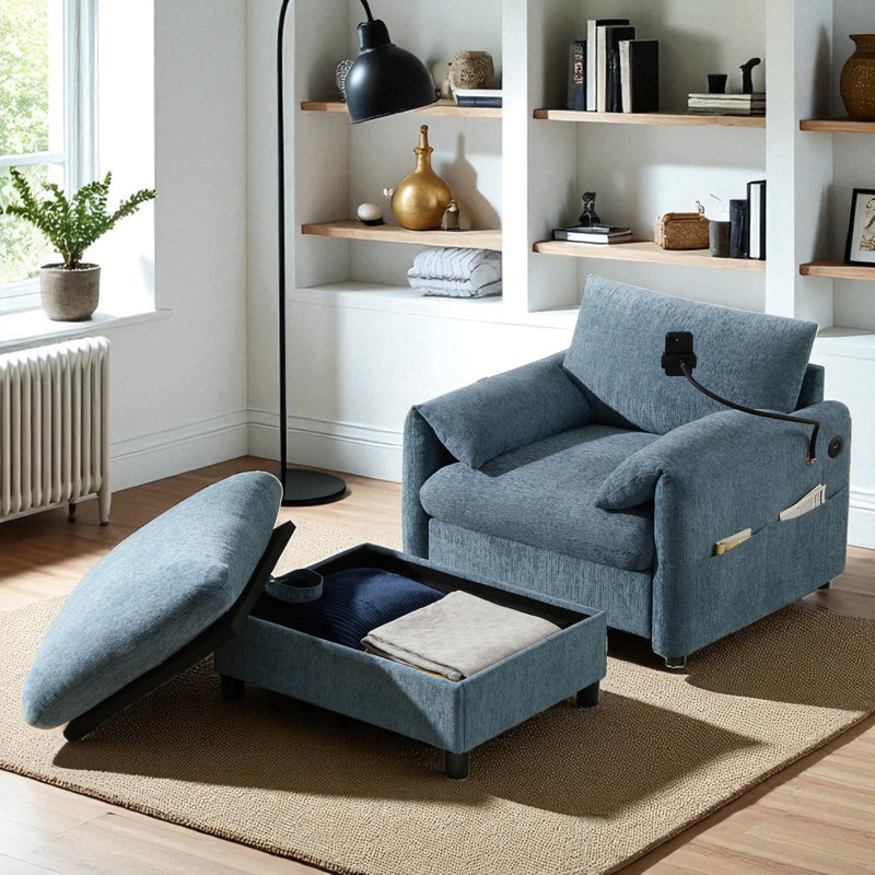 Upholstered Accent Armchair With Storage Ottoman, Blue