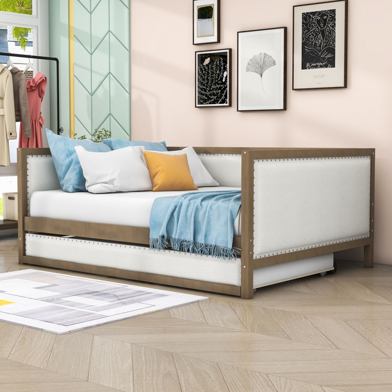 Full Size Linen Upholstered Daybed with Twin Trundle and Nailhead Decoration
