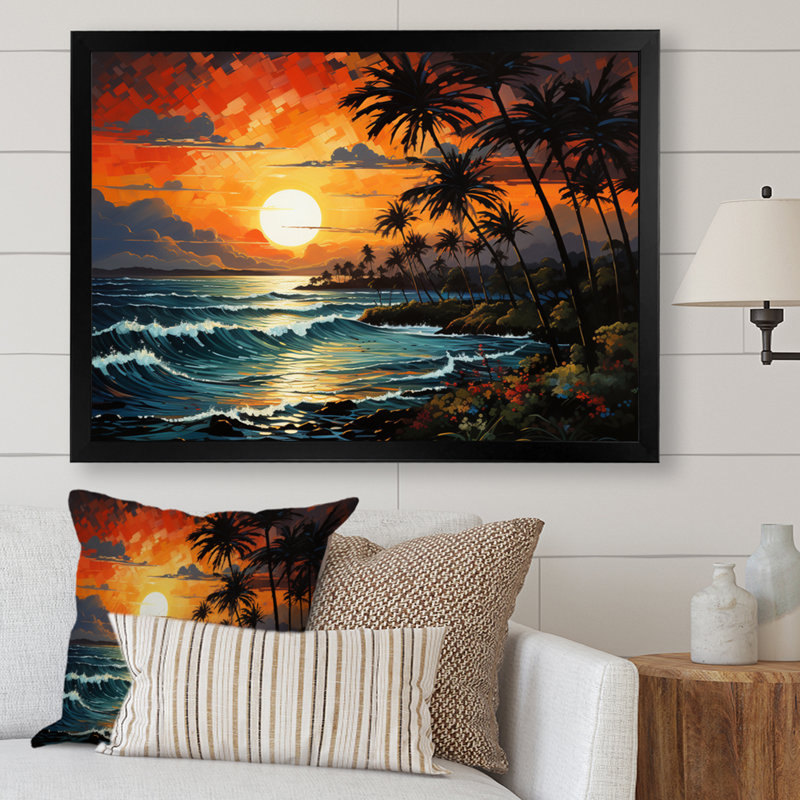 «Palm Trees Sunrise I», reproduction d'art sur toile de palmiers, H 30 po x l 40 po x P 1,5 po, Cadre photo noir