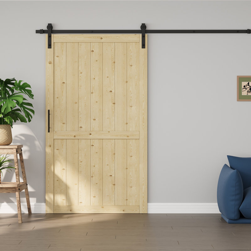 Porte de grange coulissante en bois massif 84 po H 84 po, 48 po x 84 po, Pin, Avec fermeture en douceur