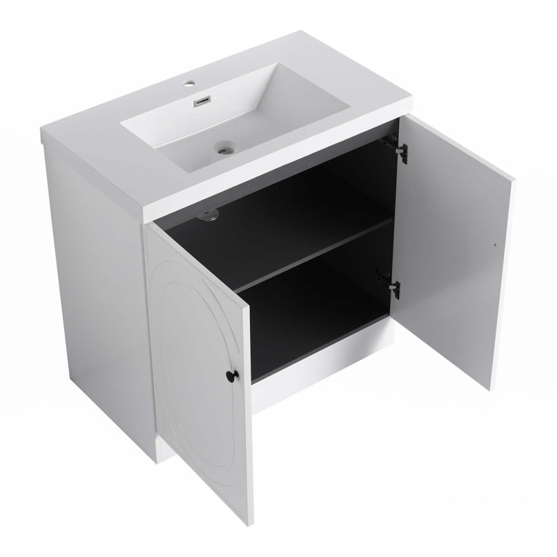 Meuble-lavabo autoportant avec lavabo en résine blanche, Blanc, Noir