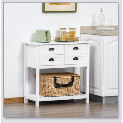 White Coffee Bar Cabinet With 4 Drawers And Slatted Bottom Shelf, For Kitchen And Living Room Storage